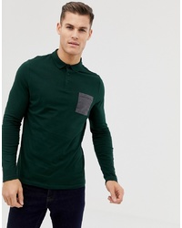 ASOS DESIGN Long Sleeve Polo Shirt With Contrast Pocket In Khaki