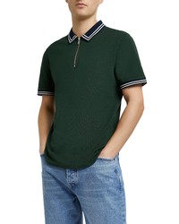 River Island Slim Fit Tipped Cotton Pique Zip Polo In Dark Green At Nordstrom