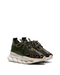 Versace Khaki Green Chain Reaction Leopard Print Low Top Leather Sneakers