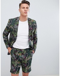 ASOS DESIGN Skinny Suit Jacket In Green Botanical Print In Linen Look