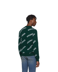 Balenciaga Green Wool Jacquard Logo Crewneck Sweater