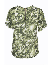 Romwe Green Skull Print Short Sleeved Chiffon T Shirt