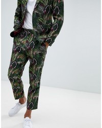 ASOS DESIGN Tapered Suit Trousers In Green Botanical Print In Linen Look