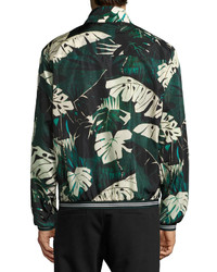 Moncler Leaf Print Nylon Zip Front Jacket Green