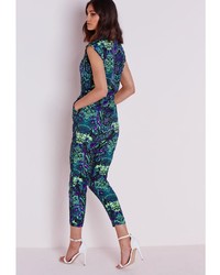 Missguided Palm Print Belted Jumpsuit Green