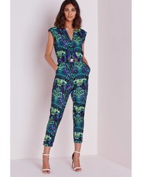 Missguided Palm Print Belted Jumpsuit Green