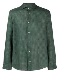 Dark Green Print Linen Long Sleeve Shirt