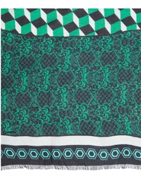 Green And Black Printed Silk Blend Vortex Scarf