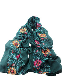 Shein Green Flower Printed Boho Style Wide Cotton Scarf For Ladies