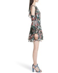 Tanya Taylor Laine Floral Ikat Print Silk Cold Shoulder Dress