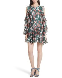 Tanya Taylor Laine Floral Ikat Print Silk Cold Shoulder Dress
