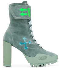 Dark Green Print Suede Lace-up Ankle Boots