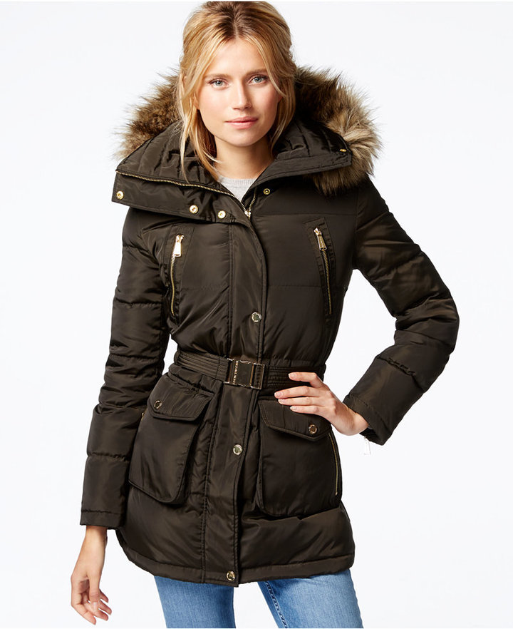 michael michael kors faux fur hooded belted down puffer coat