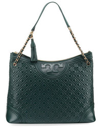 Dark Green Quilted Leather Tote Bag