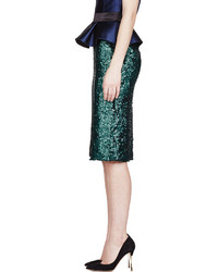 Burberry Prorsum Bottle Green Metallic Sequined Tailored Skirt