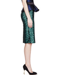 Burberry Prorsum Bottle Green Metallic Sequined Tailored Skirt