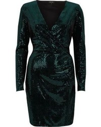 River Island Green Sequin Metallic Wrap Bodycon Dress