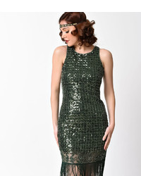 Unique Vintage Vintage Style Emerald Green Geometric Sequin Sleeveless Fringe Flapper Dress