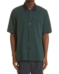 Sacai Monogram Short Sleeve Pique Button Up Shirt In Green At Nordstrom
