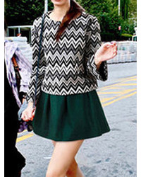 Choies White Chevron Long Sleeve Knit With Green Skater Skirt Two Piece Suit