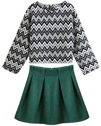 Choies White Chevron Long Sleeve Knit With Green Skater Skirt Two Piece Suit