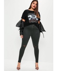 Missguided Plus Size Green High Waisted Slash Knee Skinny Jeans