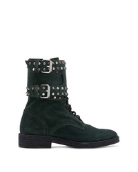 Dark Green Studded Suede Lace-up Flat Boots
