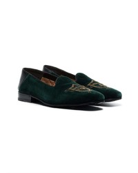 Gucci Green Crest Embroidered Velvet Loafers