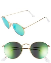 Ray-Ban 50mm Round Polarized Sunglasses Gold Blue Mirror