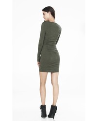 Olive Ruched Crew Neck Sweater Dress