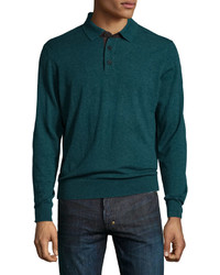 Neiman Marcus Cashmere Long Sleeve Polo Sweater Emerald