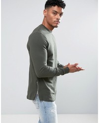 Asos Longline Muscle Fit Sweatshirt With Side Zip In Khaki