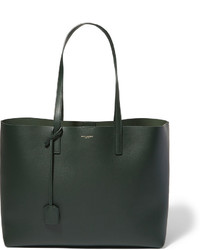 Dark Green Textured Leather Tote Bag