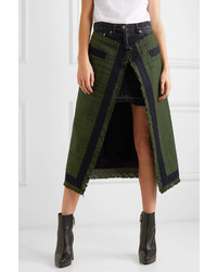 Sacai Paneled Asymmetric Med Tweed And Denim Skirt