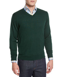 Neiman Marcus Cashmere Silk V Neck Sweater Forest