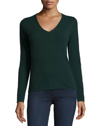 Neiman Marcus Cashmere V Neck Long Sleeve Pullover Sweater Green