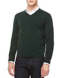 Cashmere Olive Green V-Neck Sweater
