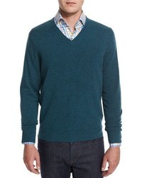 Neiman Marcus Cashmere V Neck Sweater Teal
