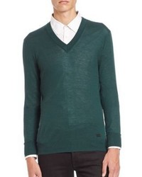 Burberry London Regal V Neck Green Cashmere Sweater