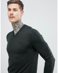 Fred Perry V Neck Merino Knitted Jumper In Green