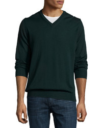 Neiman Marcus Wool Long Sleeve V Neck Sweater Green Lake