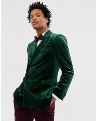 ASOS DESIGN Skinny Double Breasted Blazer In Forest Green Velvet With Piping