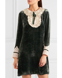 Anna Sui Crocheted Lace Trimmed Velvet Mini Dress Green