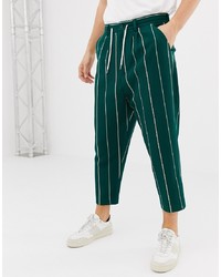 ASOS DESIGN Drop Crotch Tapered Smart Trousers In Green Stripe Waffle