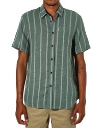 Dark Green Vertical Striped Linen Short Sleeve Shirt