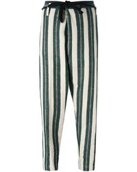 Dark Green Vertical Striped Linen Tapered Pants