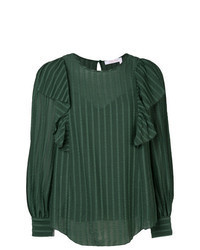 Dark Green Vertical Striped Long Sleeve Blouse