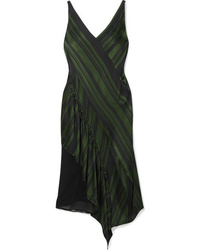 Dark Green Vertical Striped Satin Midi Dress