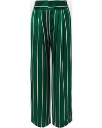 Dark Green Vertical Striped Silk Wide Leg Pants
