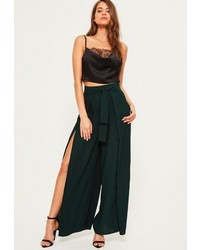 Missguided Green Satin Split Front Wide Leg Trousers